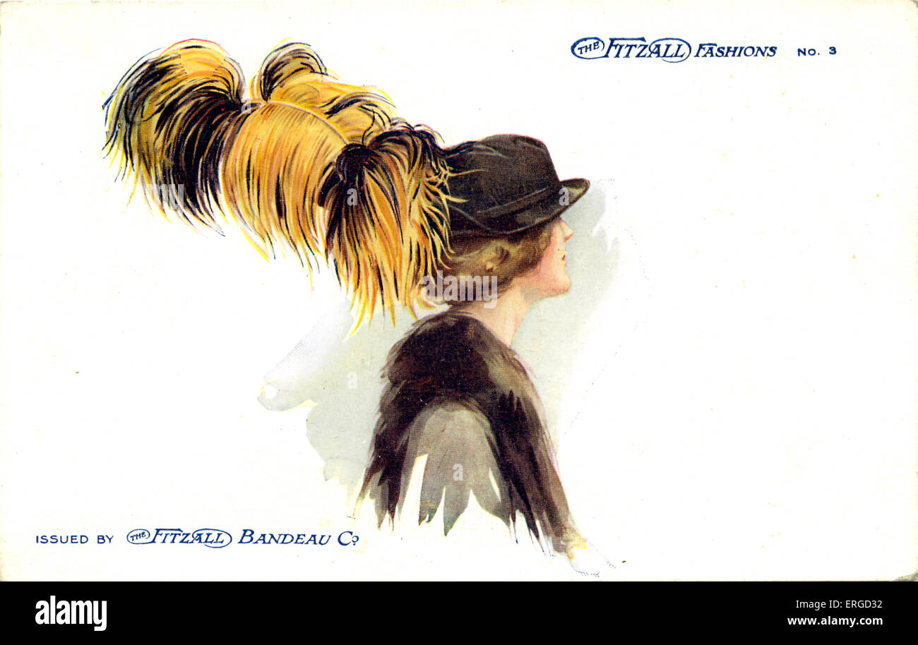Woman wearing a hat with ostrich feather. Produced by the Fitzall Bandeau Company as part of their Fitzall Fashions series. Stock Photo