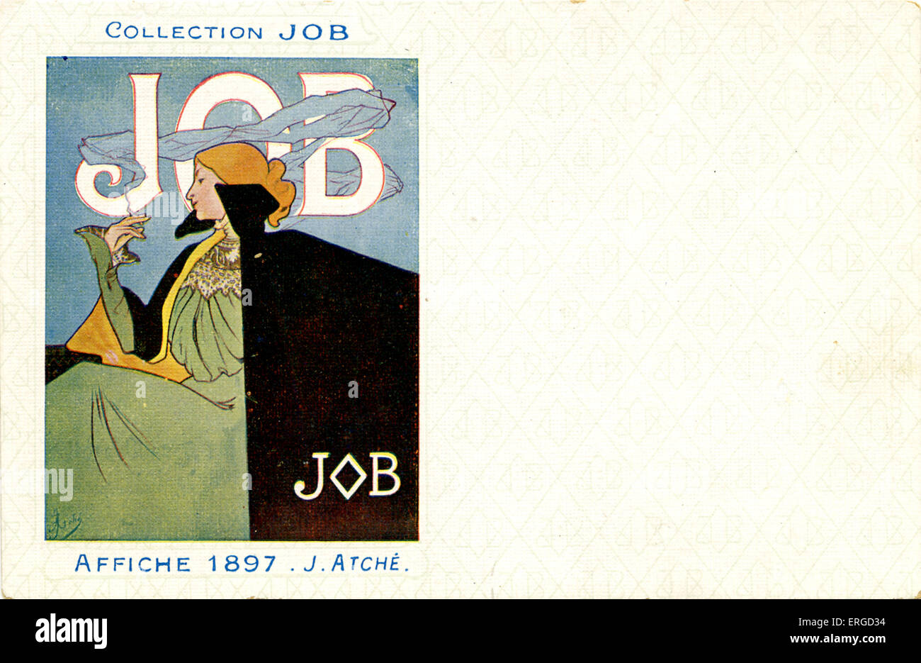 Advertisement for JOB cigarette papers, 1897. Shows a woman in a cloak smoking a cigarette by J. Atché. Stock Photo