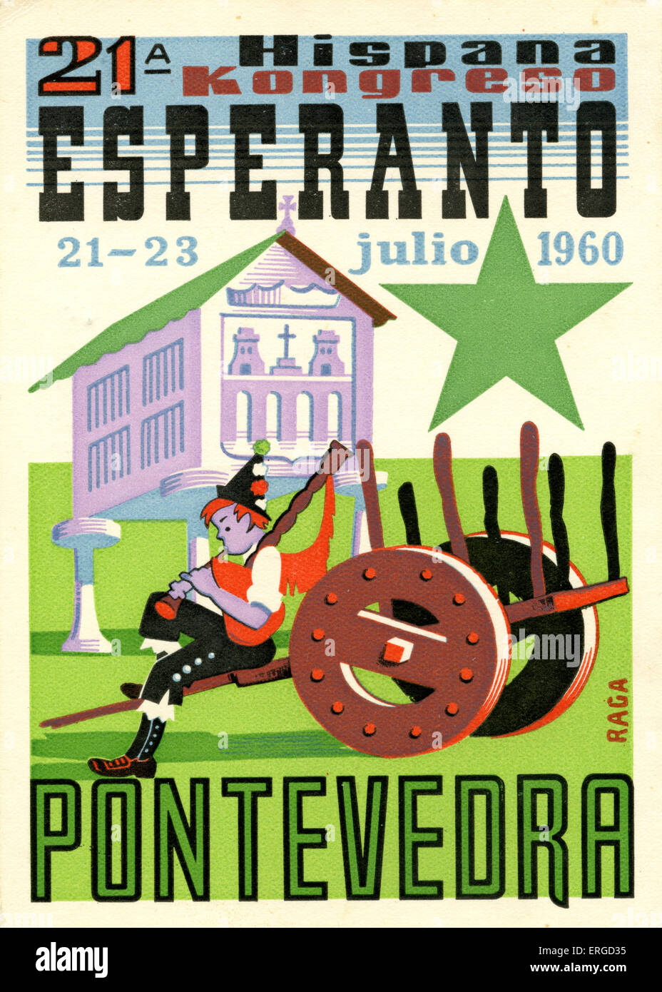 Advert for the 21st Spanish Esperanto Congress. 21- 23 July 1960 at Pontevedra, Galicia, Spain. Shows a boy in traditional Stock Photo