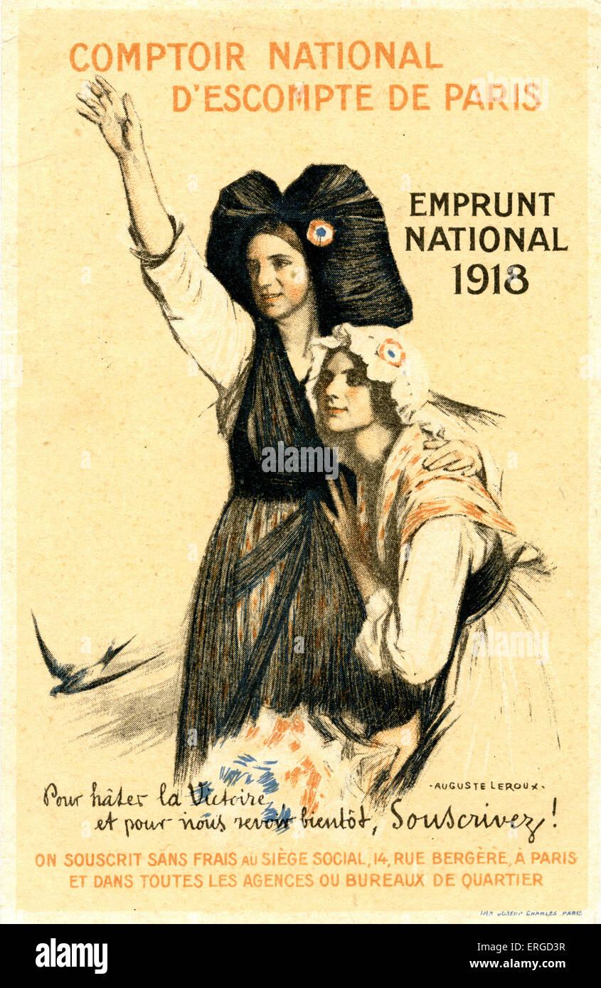 French advertisement for WWI national loans, 1918. Depicts two women in French revolutionary dress with a swallow. Caption Stock Photo