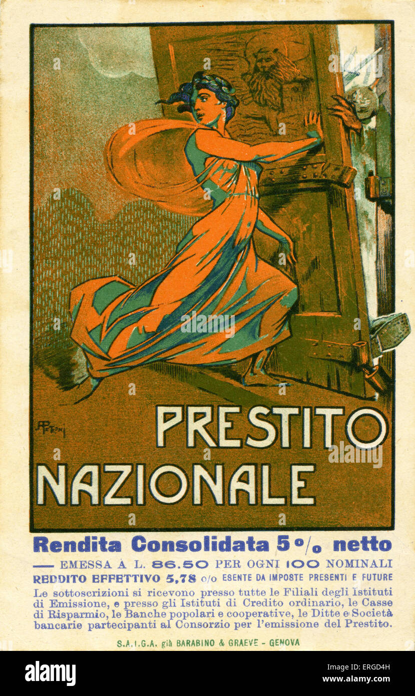 Italian advertisement for World War One national loans. Shows personfication of Italy (possibly Italia Turrita) holding back a Stock Photo