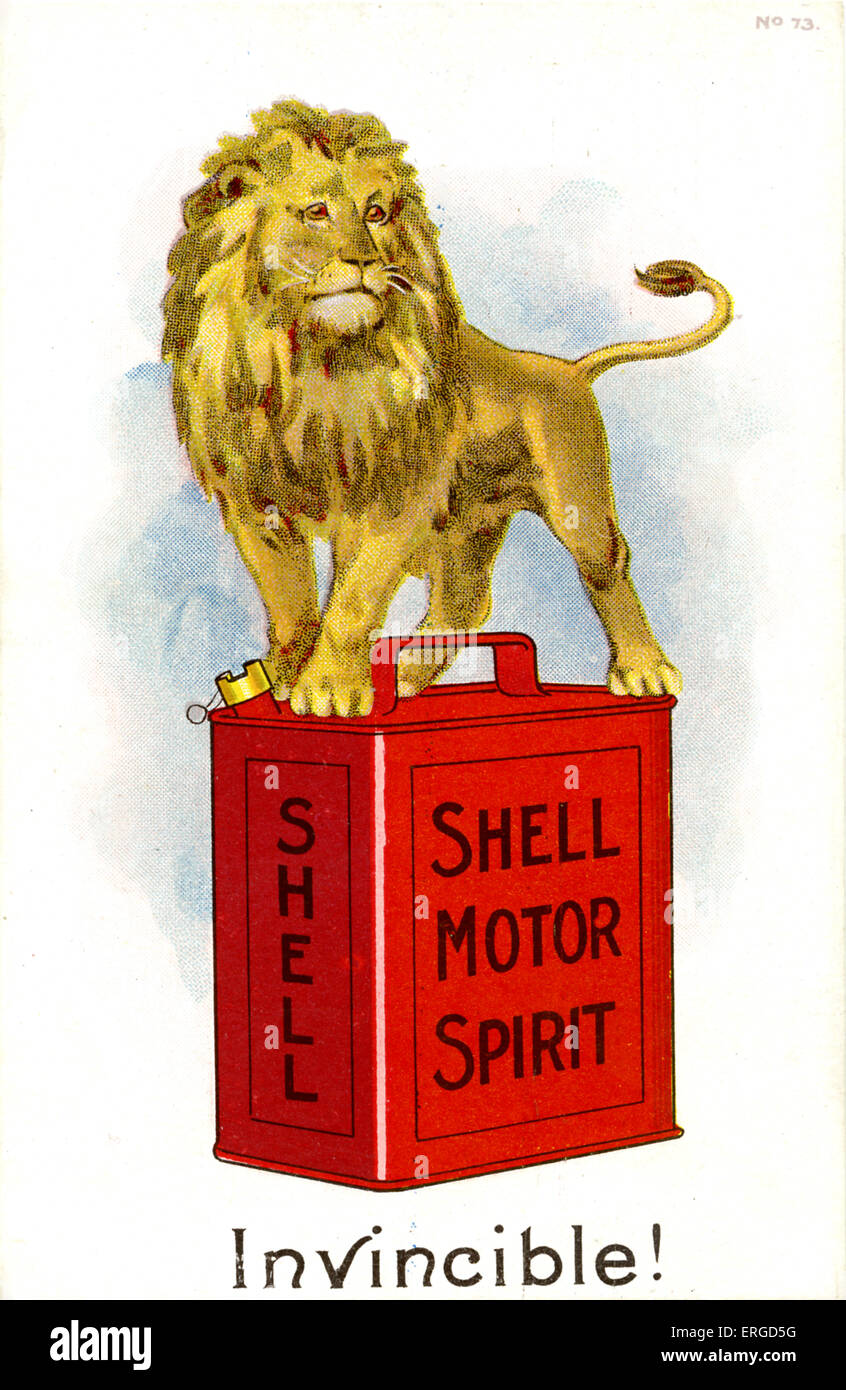 English advertisement for Shell Motor Spirit. Shows Lion standing on a can of Shell Motor Spirit with the caption: Stock Photo