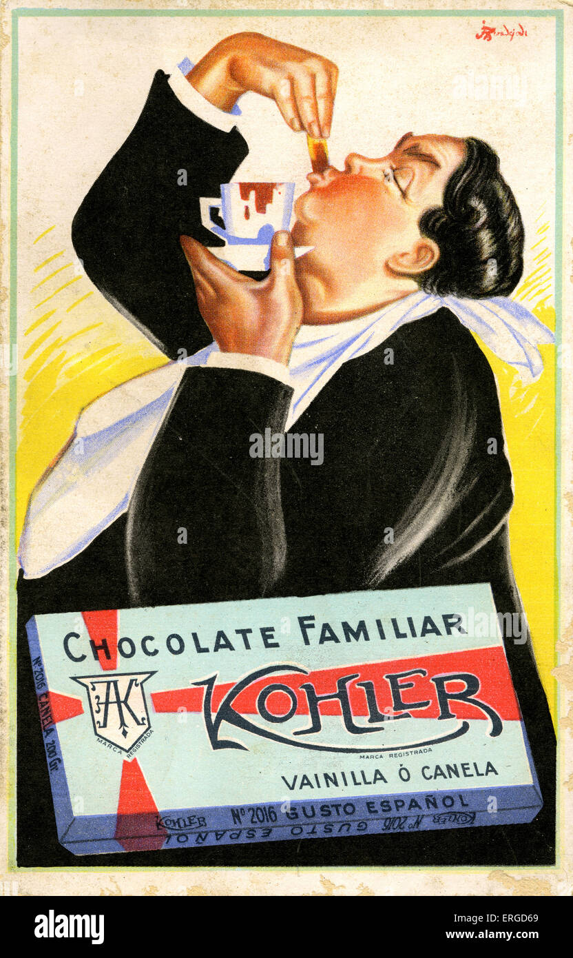 Galician advertisement for Kohler family chocolate. Shows a rotund man with napkin round his neck eating something he has dipped in a cup of chocolate. Stock Photo