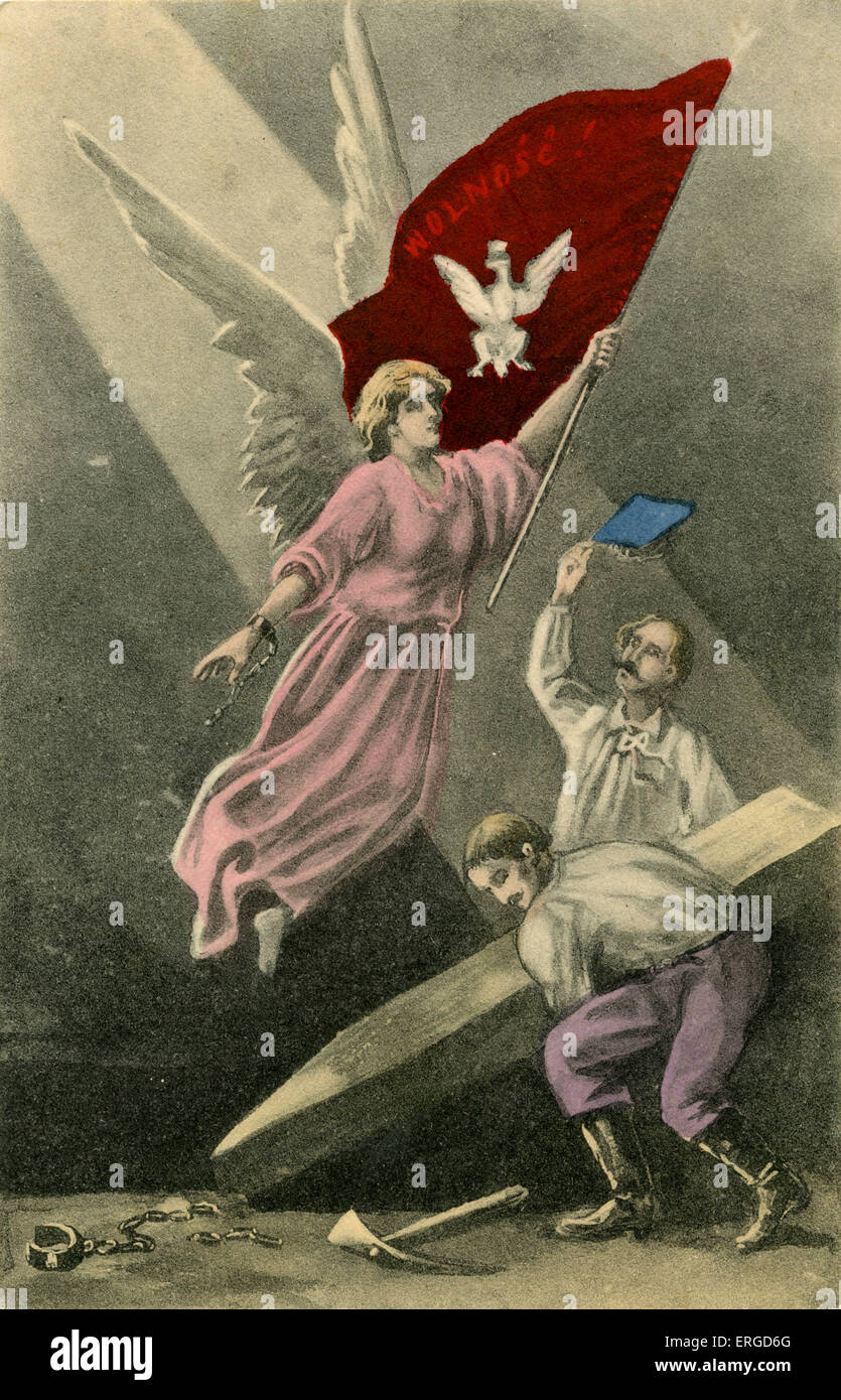 Poles liberating Poland from her chains. The personification of Poland  carrying a flag with the word 'Wolność' (freedom) and the Polish coat of  arms on it Stock Photo - Alamy