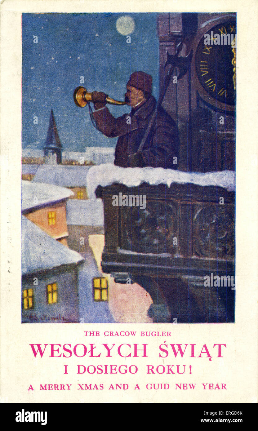 The Krakow Bugler, Poland. A man plays the bugle from the tower of St Mary's Basilica in Krakow every hour, on the hour. Caption reads: 'Wesołych świąt i dosiego roku! A Merry Xmas and a guid [Scottish spelling] New Year' Stock Photo