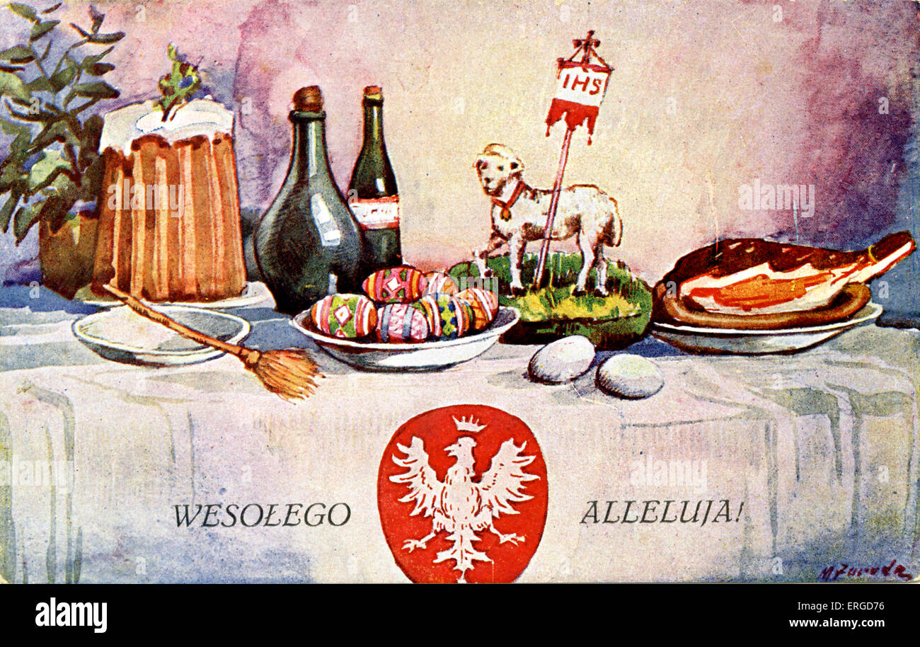Polish Easter greetings. Shows a table laden with the traditional Easter meal: easter eggs, hardboiled eggs, the lamb of God, Stock Photo