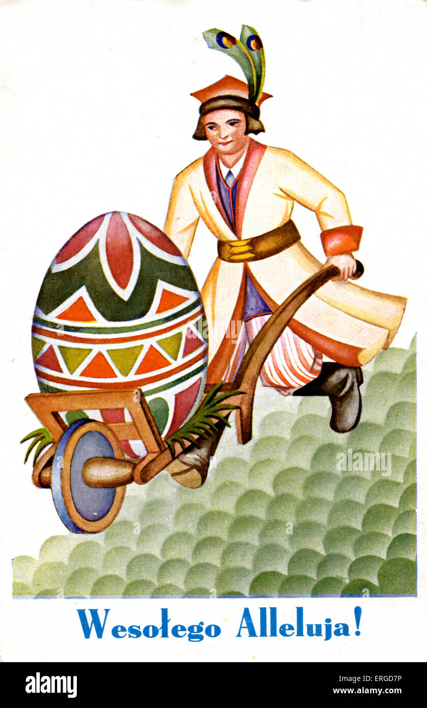 Polish Easter greetings. Shows a man in Polish dress pushing a wheelbarrow containing a giant decorated Easter egg. Caption Stock Photo