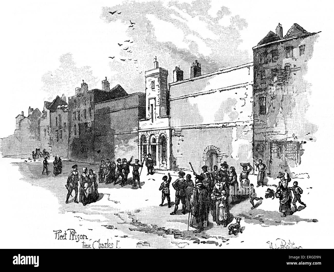 Fleet Prison, London, 1600s. Built 1197, burnt down in 1666 and subsequently rebuilt. Demolished 1846. Shows the building and Stock Photo