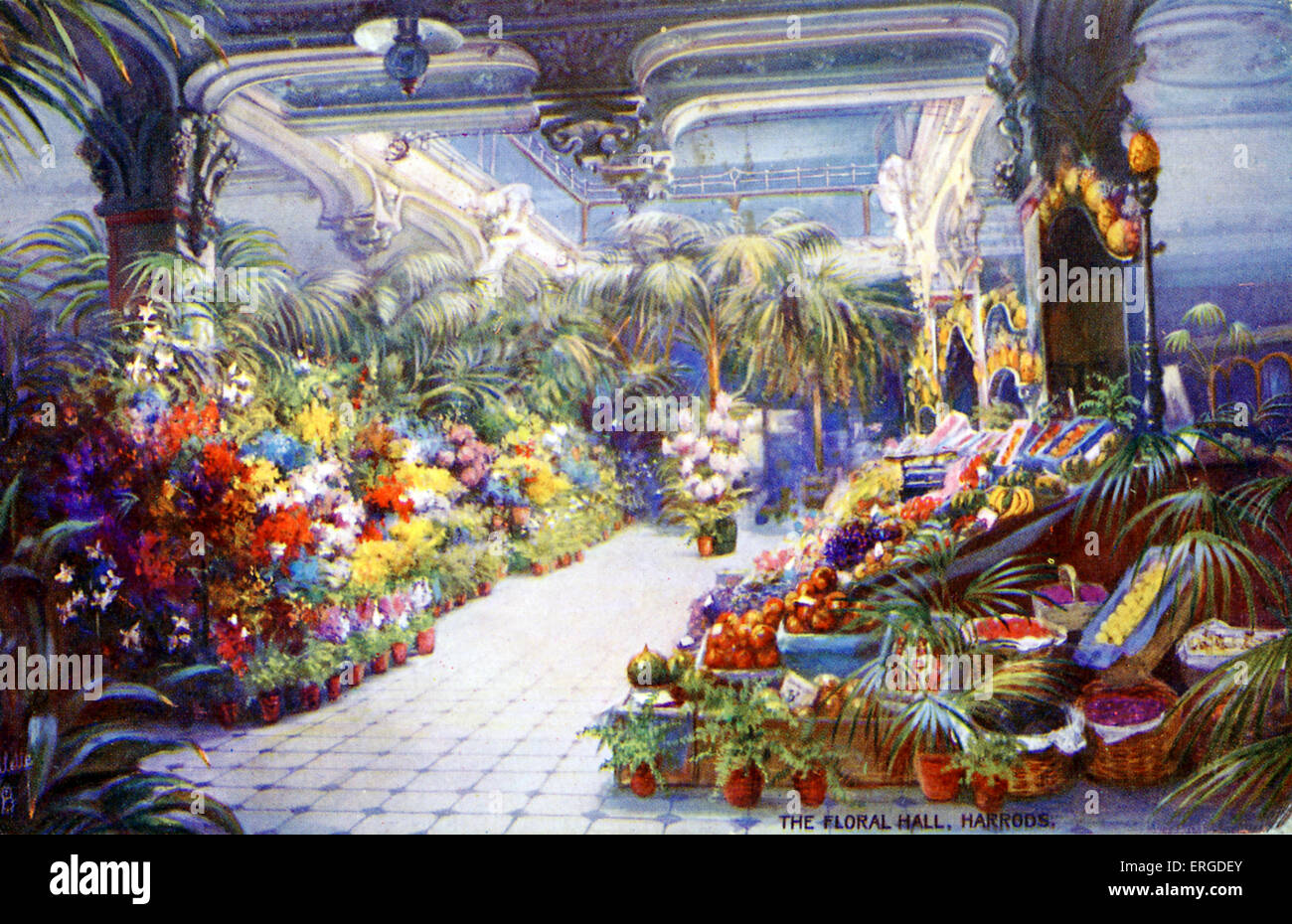 The Floral Hall at Harrods, c.1916. London department store based in Knightsbridge. Caption on back reads: 'The Floral Hall at Stock Photo
