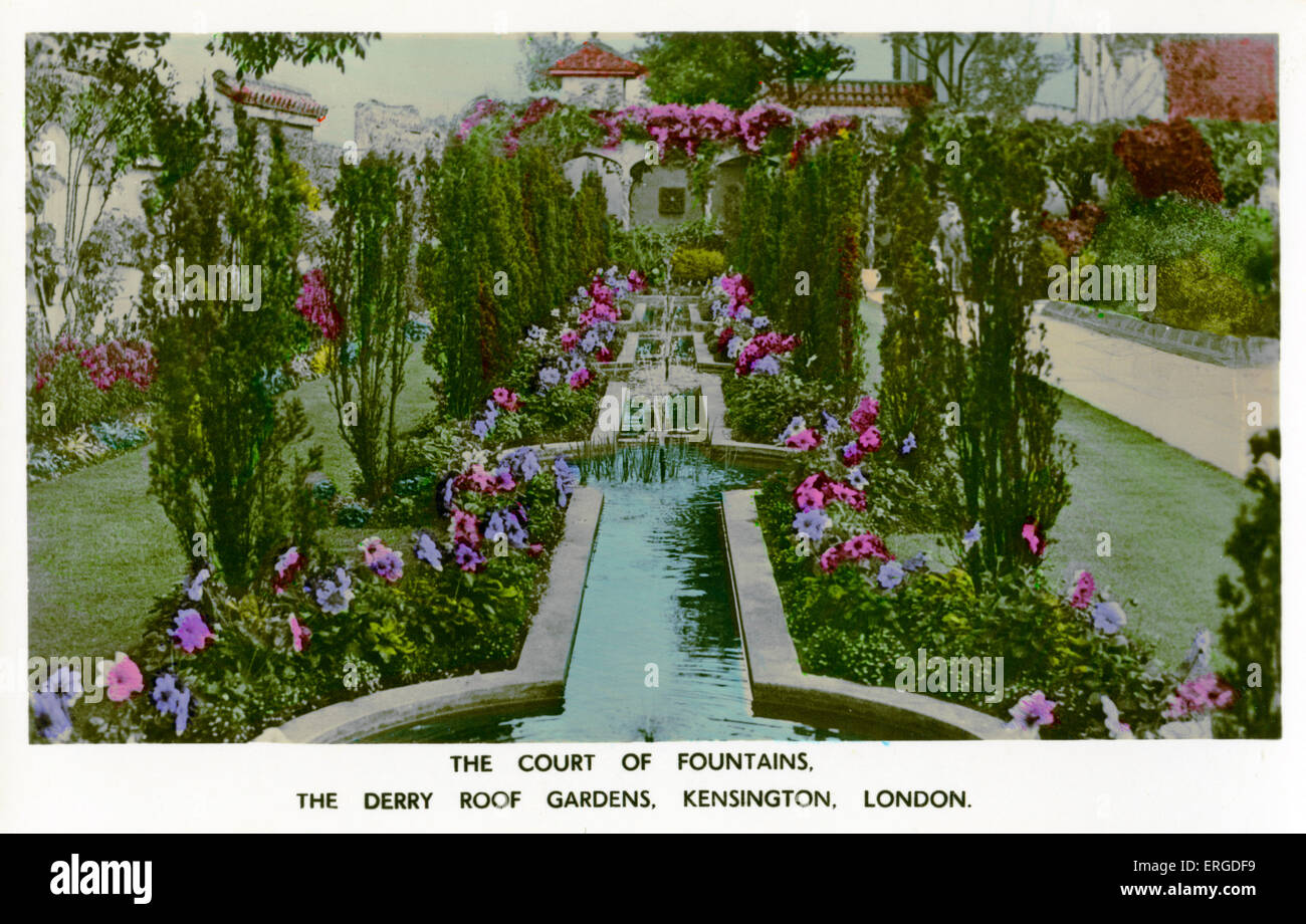 The Derry Roof Gardens, London. Shows the Court of Fountains, part of roof gardens on top of the Derry and Toms Department Store building, Kensington High Street. Caption on back reads: 'The only Gardens in the World of such dimensions at so great a height. The Derry Roof Gardens are 100 feet above ground level and cover some 1½ acres, average depth of soil is 2ft 6ins. Water is pumped from to artesian wells 400 feet deep.' Stock Photo