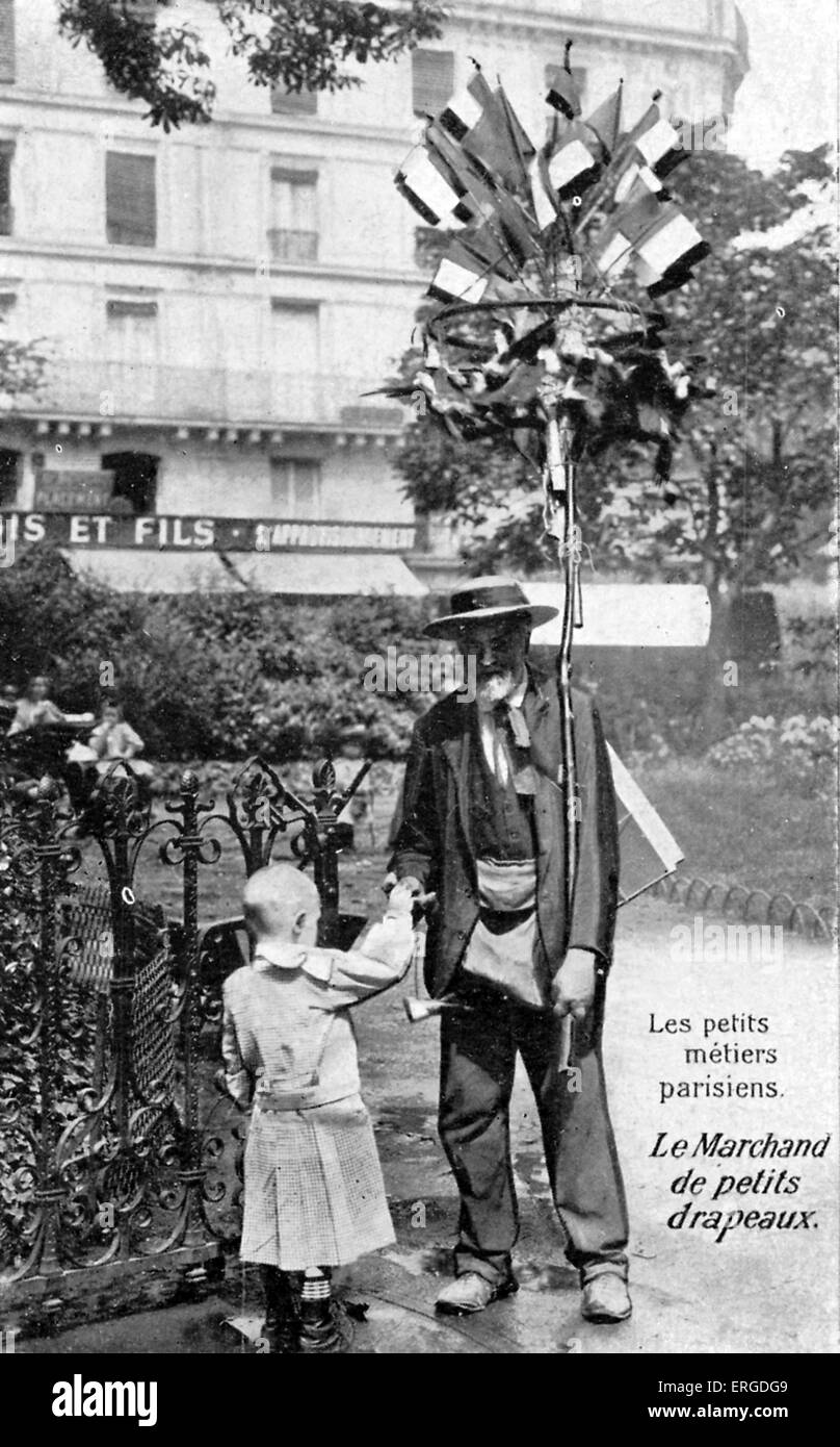 Seller of small flags, Paris, c. 1900. 'Les petits métiers parisien' ('The small jobs of Paris') series. Pictures with a small Stock Photo