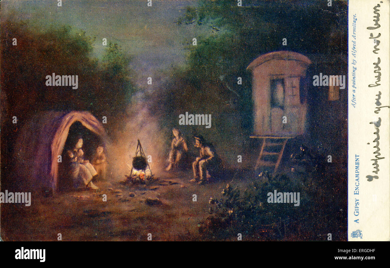A gypsy encampment. Shows a family gathered round a fire, their caravan and tent in the background. After a painting by Alfred Stock Photo
