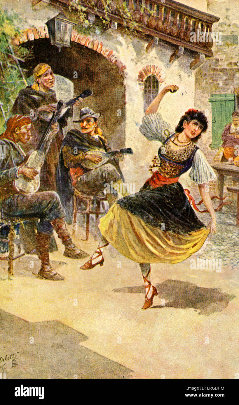 Gypsy dancer and musicians. Caption on back reads: 'The Spanish Gypsies are a race of nomads who earn their livelihood wandering about the country as travelling minstrels and entertainers. They are a happy people, clever performers on mandoline and guitar, the girls being splendid exponents of the national dances accompanying their graceful movements to the tapping of castanets.' Stock Photo