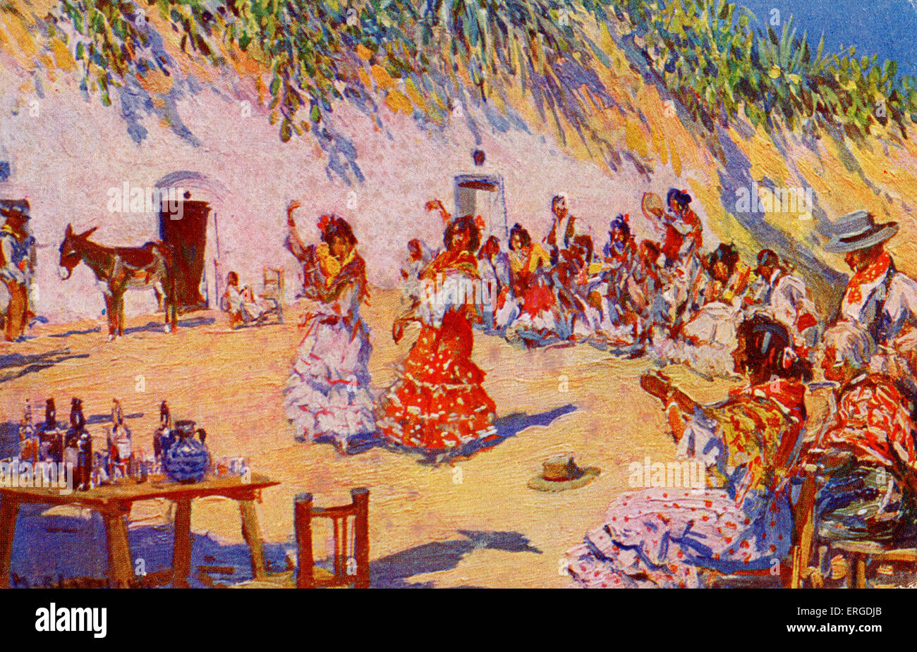Zambra gitana (gypsy festivities). Shows gathering of Spanish gypsies to dance and play music. Illustration by Mariano Bertuchi, Spanish artist: 6 February 1884 - 20 June 1955. Stock Photo