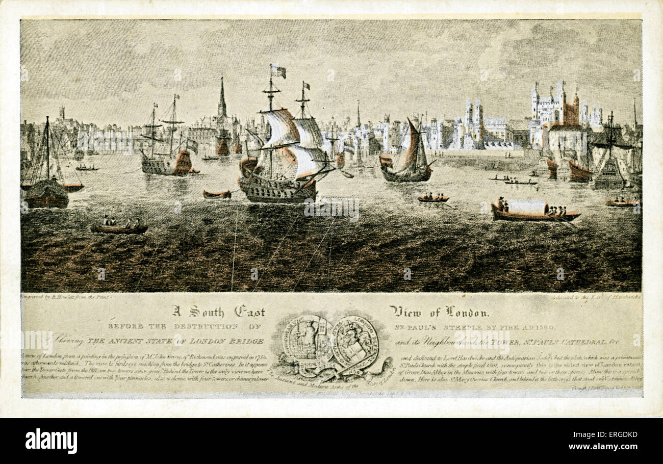 View of London from the South East, c.1560. Shows boats and ships on the Thames, and a view of London including the steeple of Stock Photo