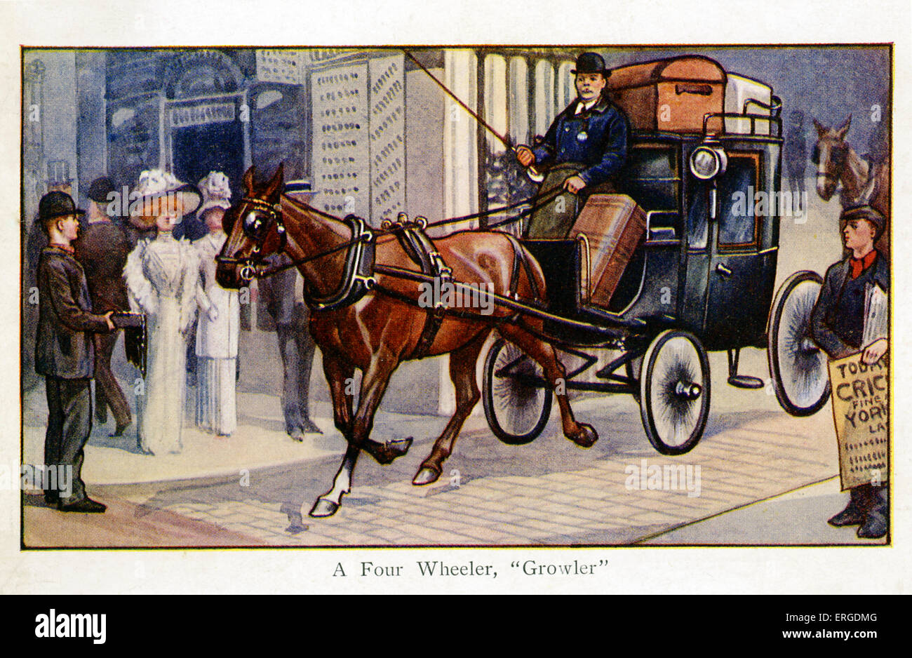 A Growler, a four wheeled carriage. Shows the carriage being driven through London streets (different to a hansom cab by virtue Stock Photo