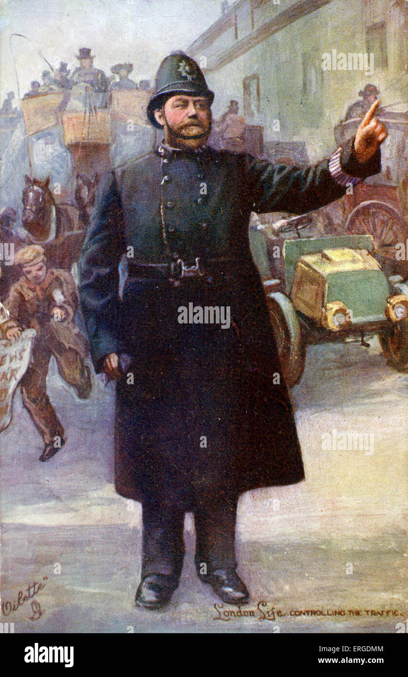 A London policeman directing traffic. In the background is a newsboy / newspaper seller. Caption on back reads: 'Controlling the Traffic. Always calm and cheerful, no matter fine or foul weather, the London Policeman is at his post, with uplifted finger protecting the tired pedestrain and controlling the roaring traffic. He is a feature of London, and has no counterpart in any other capital in the world.' Stock Photo