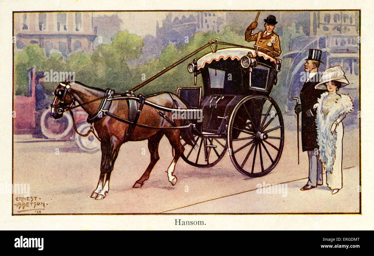 A hansom cab, London, 1911. Shows horse and driver, as well as couple