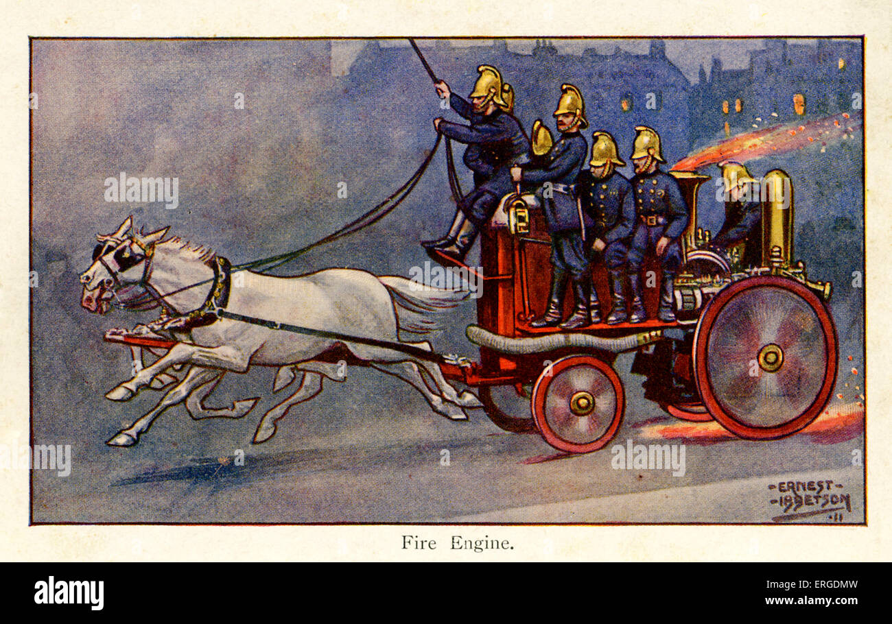Fire Engine, London, 1911. Shows fire engine being pulled by two horses
