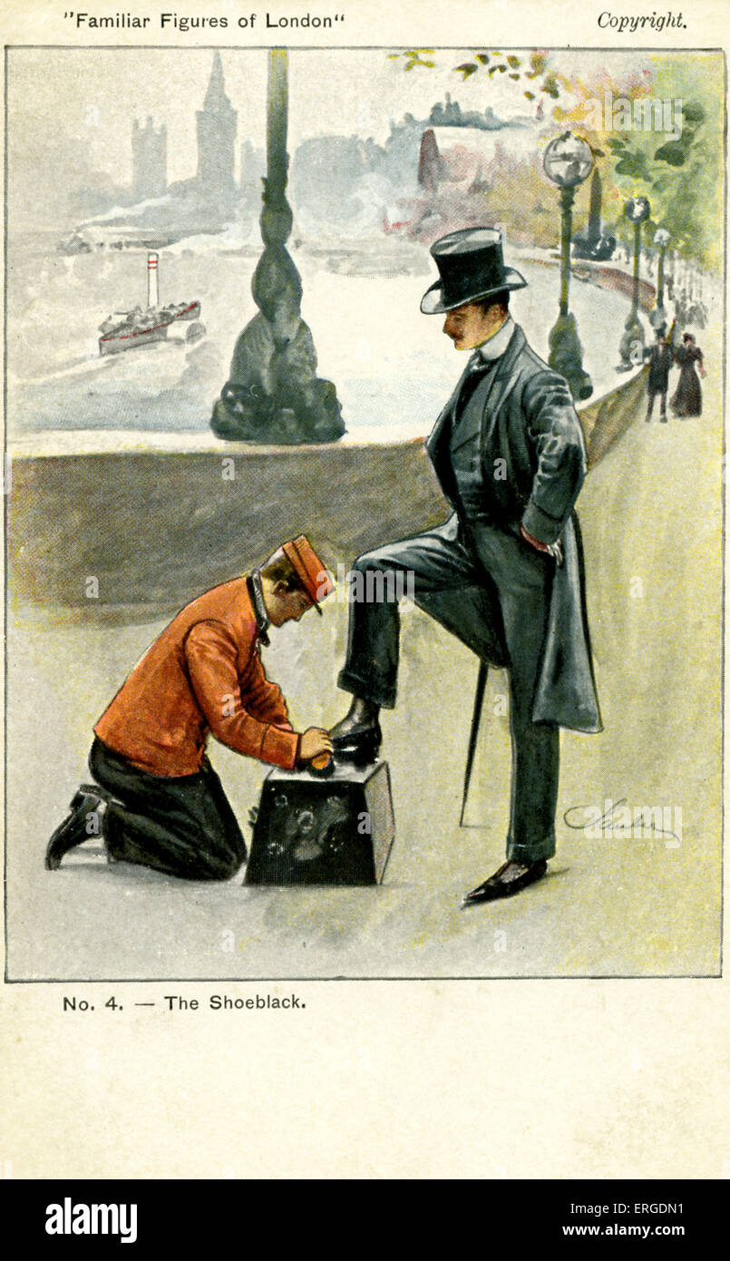 A bootblack at work, London. Shows a bootblack shining another man's