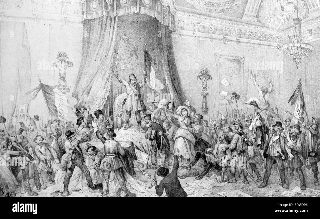 French Revolution of 1848 - mob in the throne room of the Tuileries, February 1848. Under King Louis- Philippe, opposition and Stock Photo