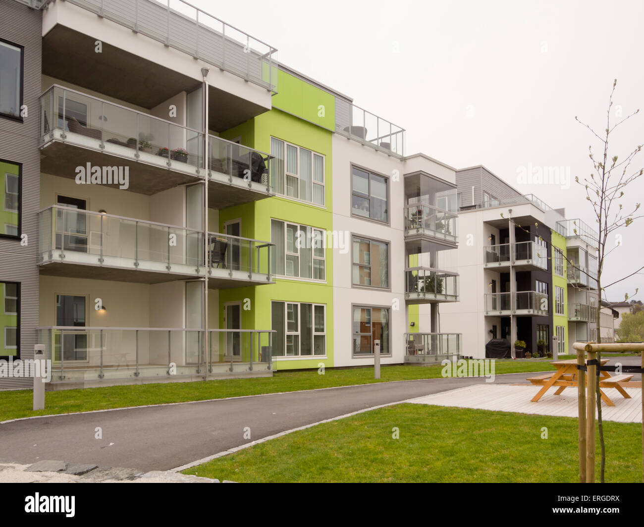 Modern Norwegian architecture, apartment block in Sandnes Norway with an element of strong fresh colours Stock Photo