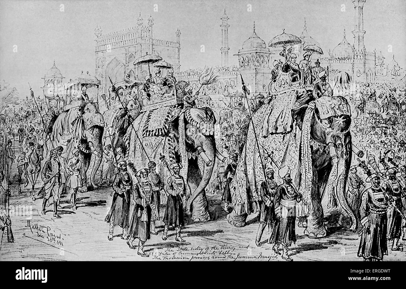 Viceroy of India and the Duke of Connaught 's state entry into Delhi for the Imperial Durbar, 29 December 1902. After a drawing by Melton Prior. Ceremonial gathering to celebrate the coronation of Edward VII which had taken place on 9 August 1902 in London, UK. Stock Photo