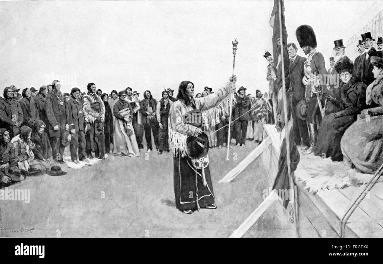 Duke of Cornwall in Canada, 28 September 1901. Future George V receiving the Indian Chief Bull's head at the Great ' Pow-Wow' Stock Photo