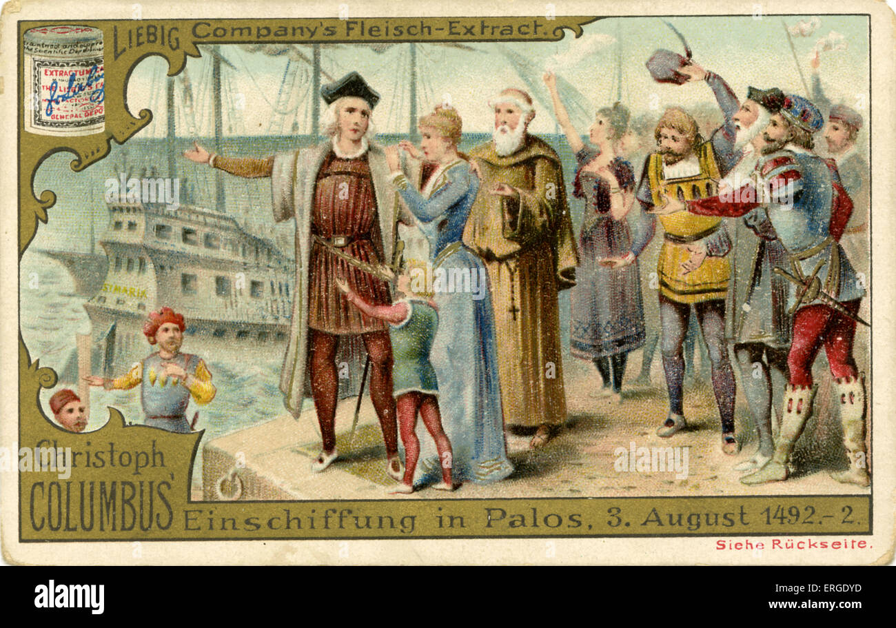 Christopher Columbus ' embarkation from Palos, Spain, 3 August 1492.  Published 1892.   Liebig Company collectible card series: Stock Photo