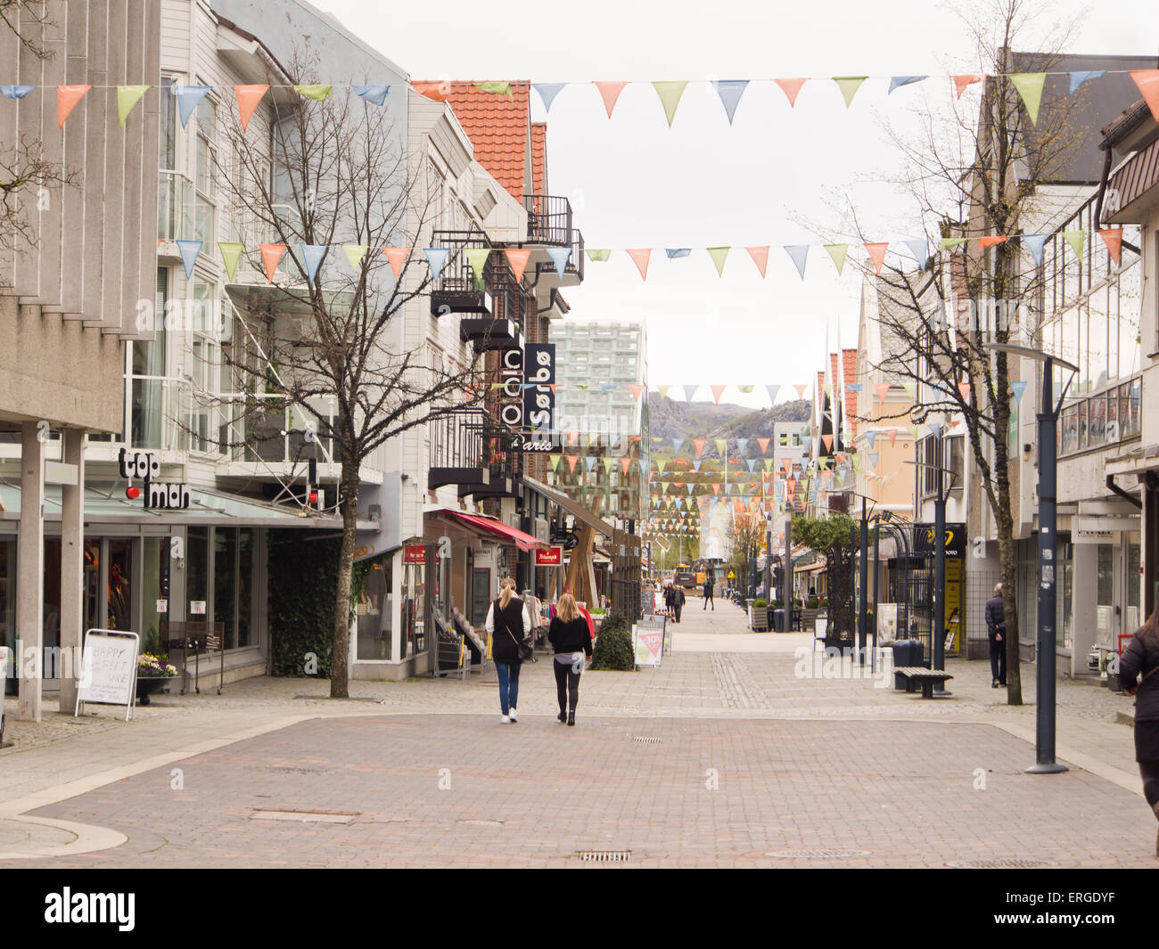 Langgata main shopping street in the town Sandnes, Rogaland Norway, colourful pedestrian area Stock Photo