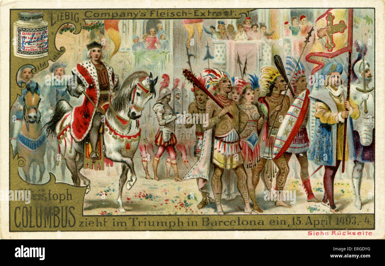 Christopher Columbus 's triumphant return to Barcelona, 15 April 1493. He returned to Spain from his first voyage to the