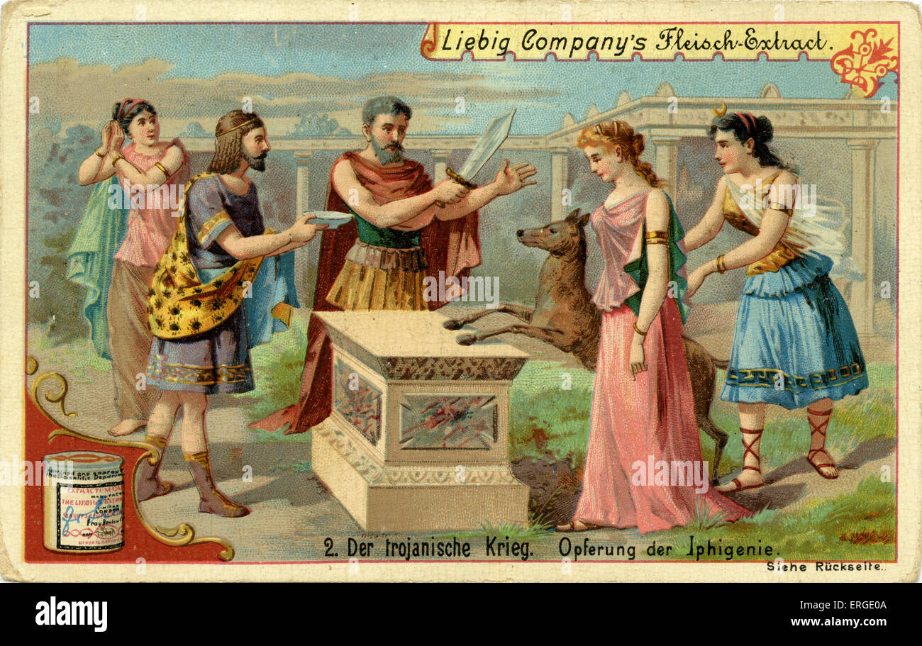 The Trojan Wars: Iphigenia 's sacrifice  . Liebig Company collectible card series : The Trojan War (German: 'Der trojanische Stock Photo
