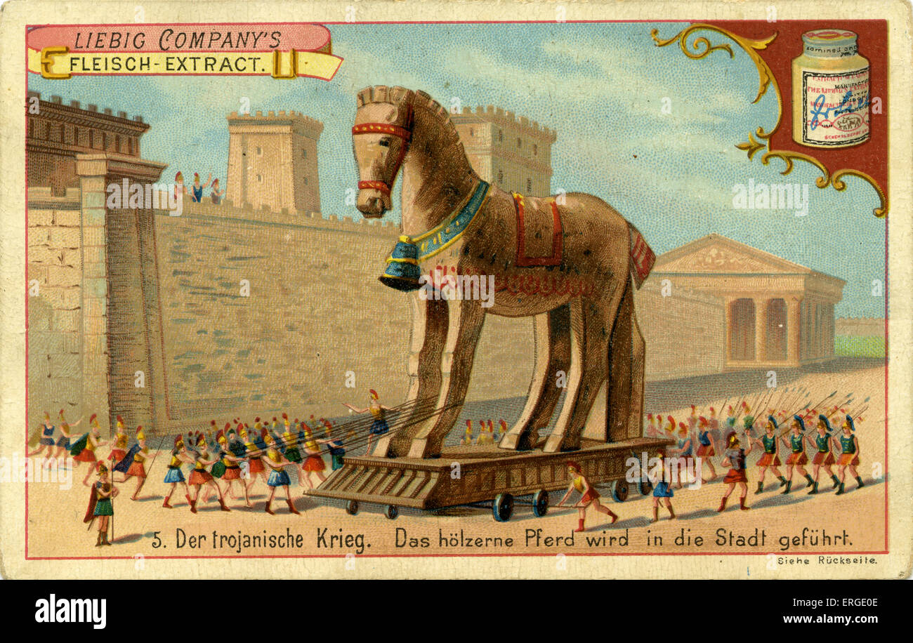 The Trojan Wars: The Wooden Horse is led into the town -  The Trojans bring the wooden horse into Troy, unaware that Greek Stock Photo