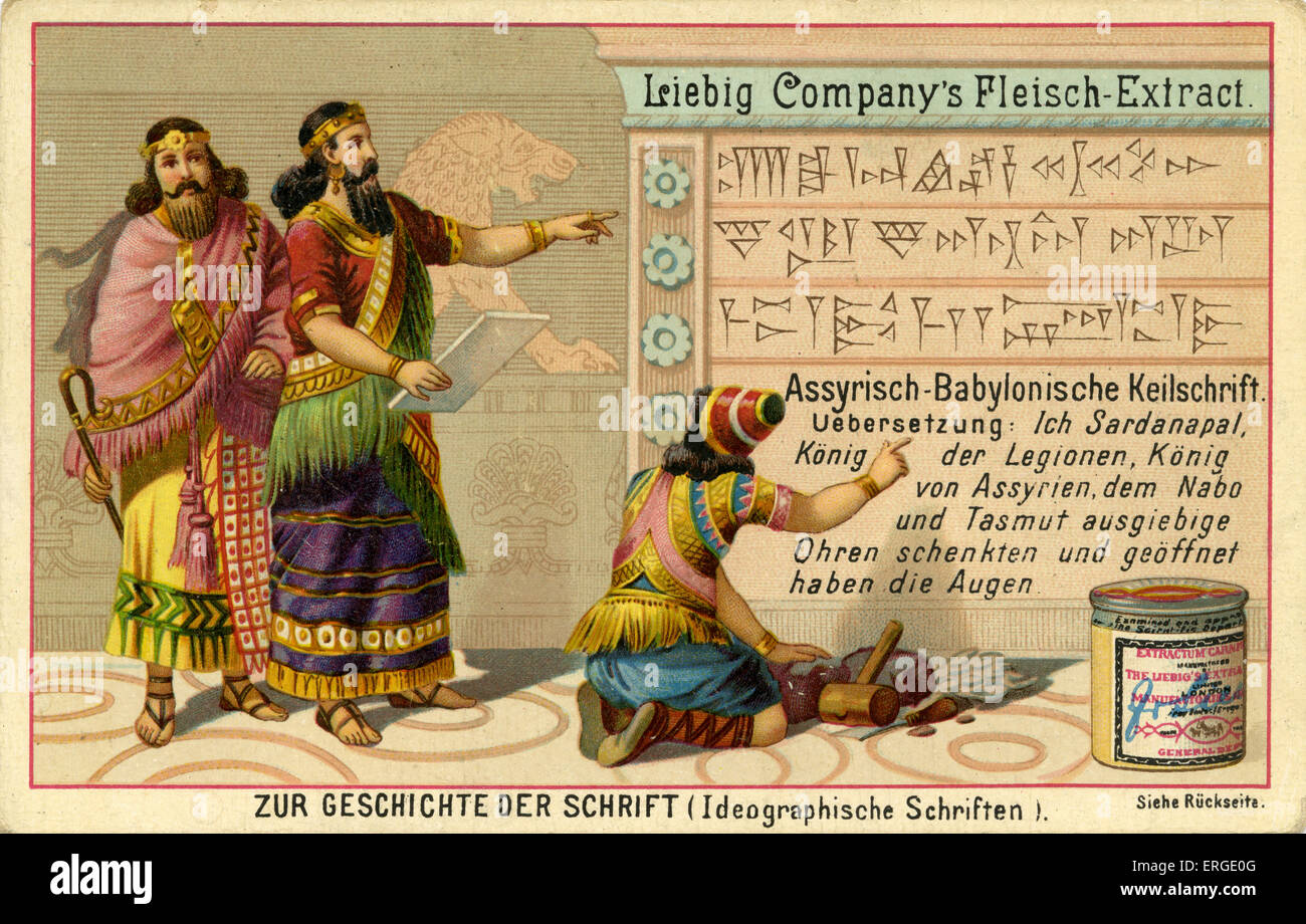 History of Writing ('Zur Geschichte der Schrift') - ideographic writing. From engraving published 1892.  Showing Stock Photo