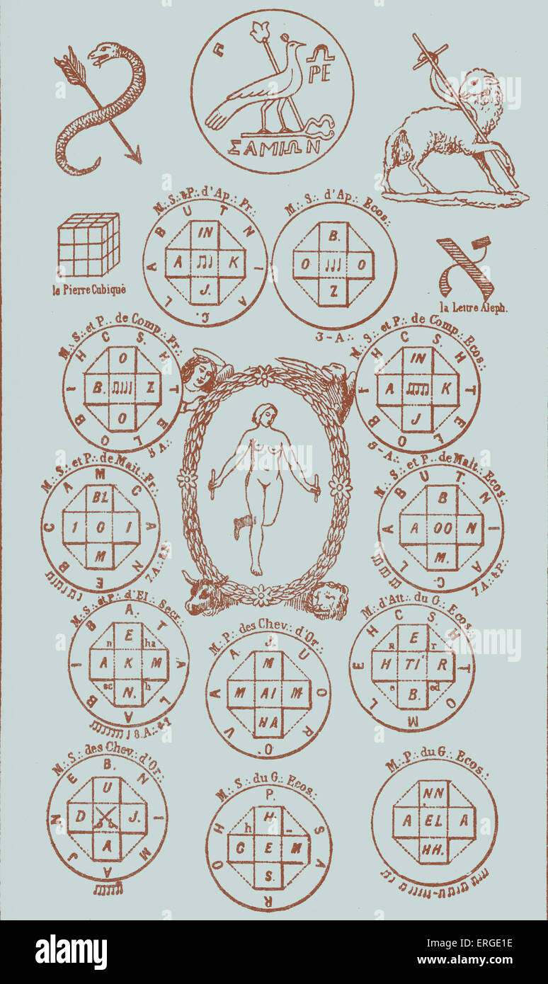 Twenty- first key of the tarot, surrounded by mystic and masonic seals -  from illustration by  Eliphas Lévi, published in his Stock Photo