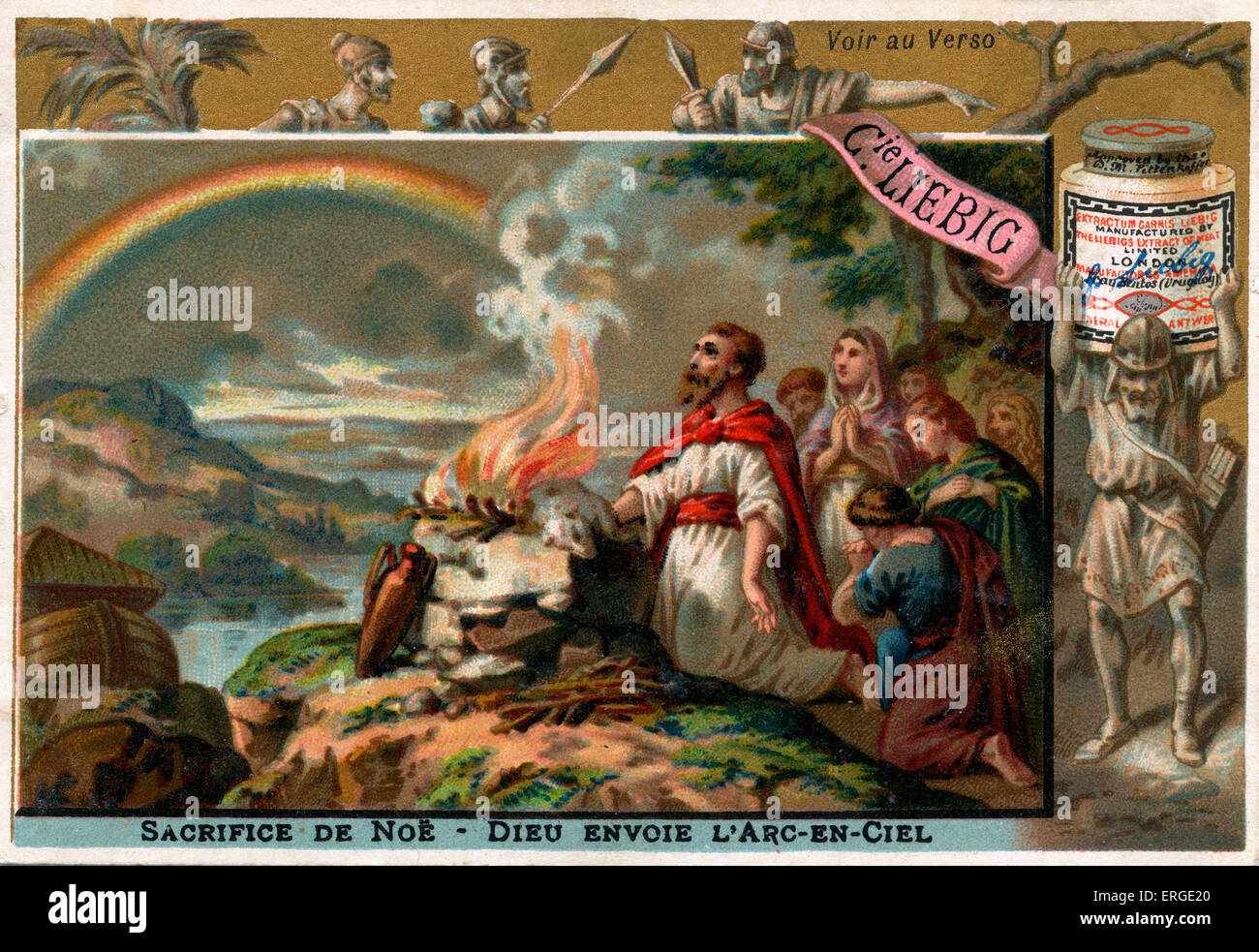 Noah offers a sacrifice to god after the flood and God makes a rainbow appear. ' Noah built an altar unto the Lord; and took of Stock Photo