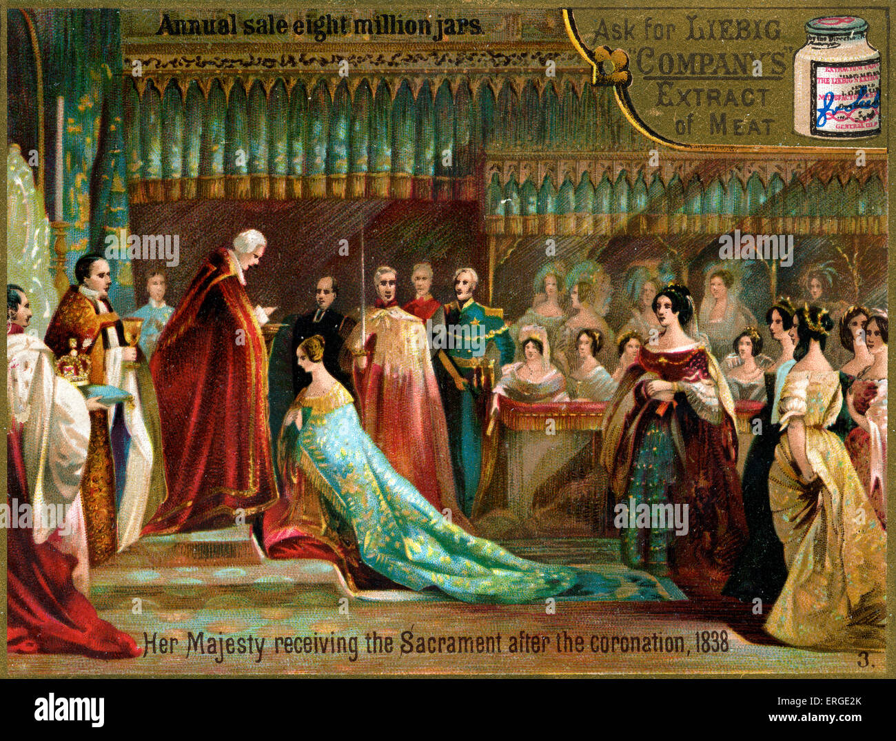 The coronation of Queen Victoria, 1838. Caption reads:Her Majesty receiving the sacrament after the coronation, 1838'. Liebig Stock Photo