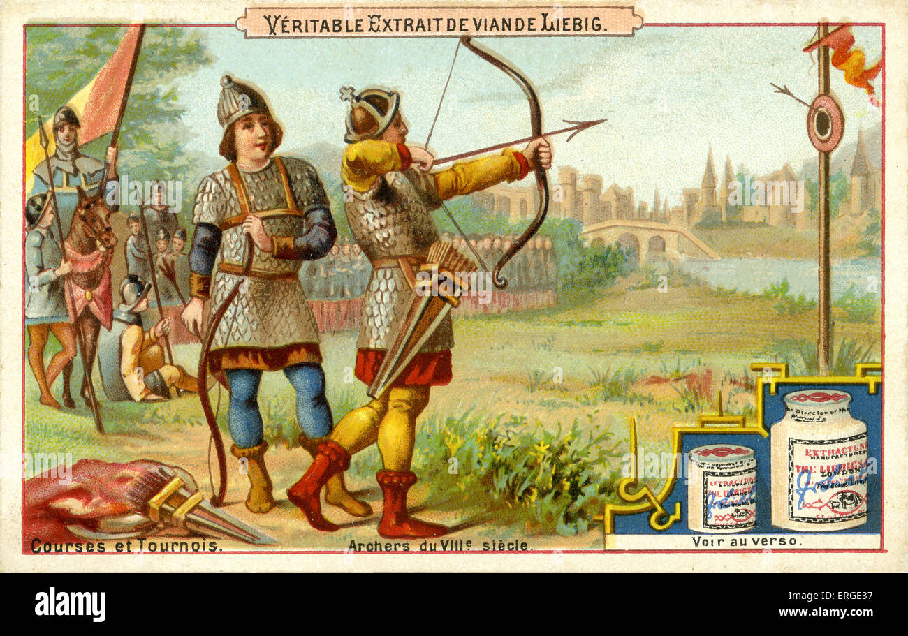 Archers from the 8th century.Caption reads: 'Archers du VIIIième siecle'. Liebig card series: Courses et Tournois (1889). Stock Photo