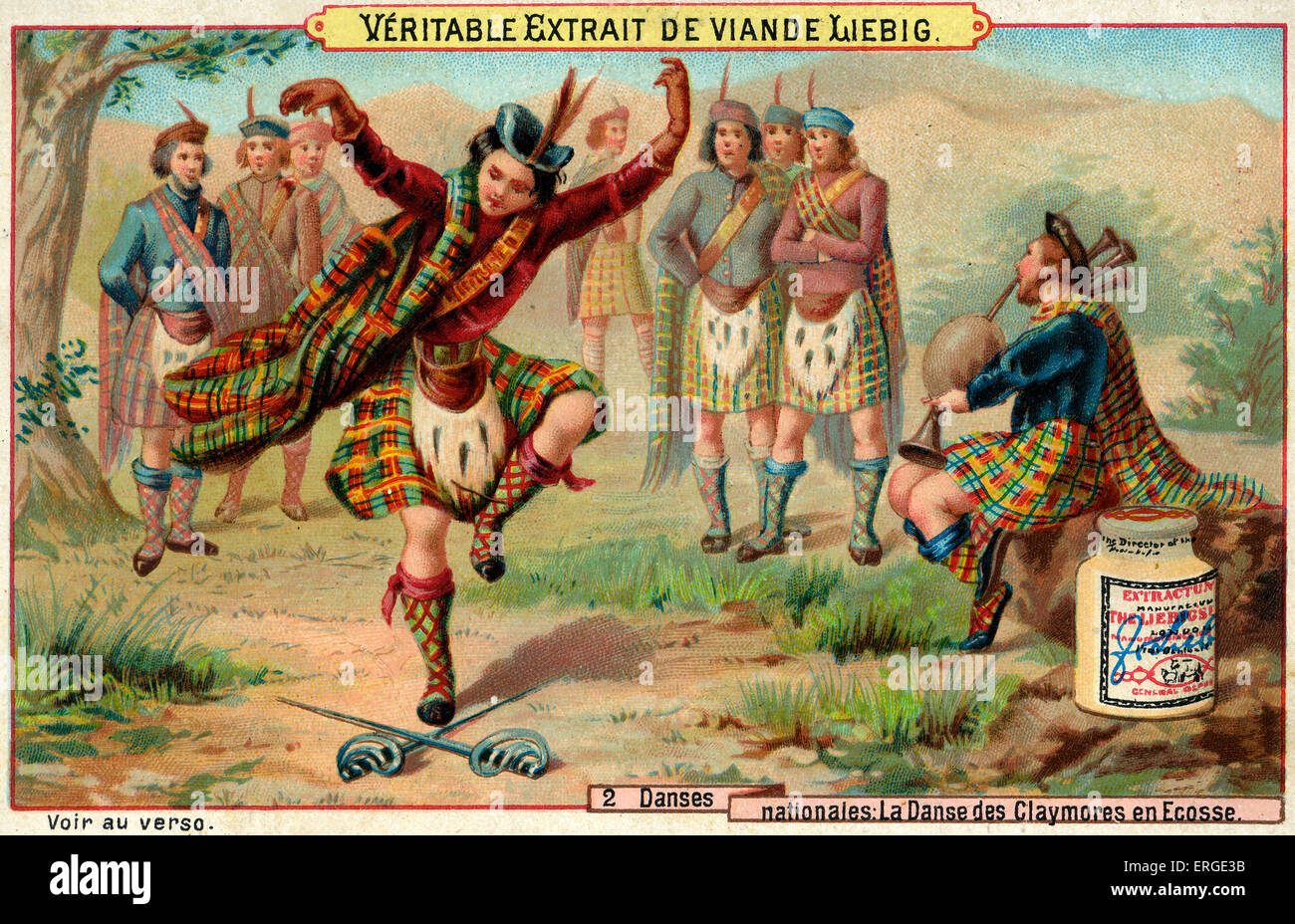 The Scottish claymore dance. Caption reads: 'La Danse des Claymores en Ecosse'. Liebig card series: Danses nationales (1889). Stock Photo