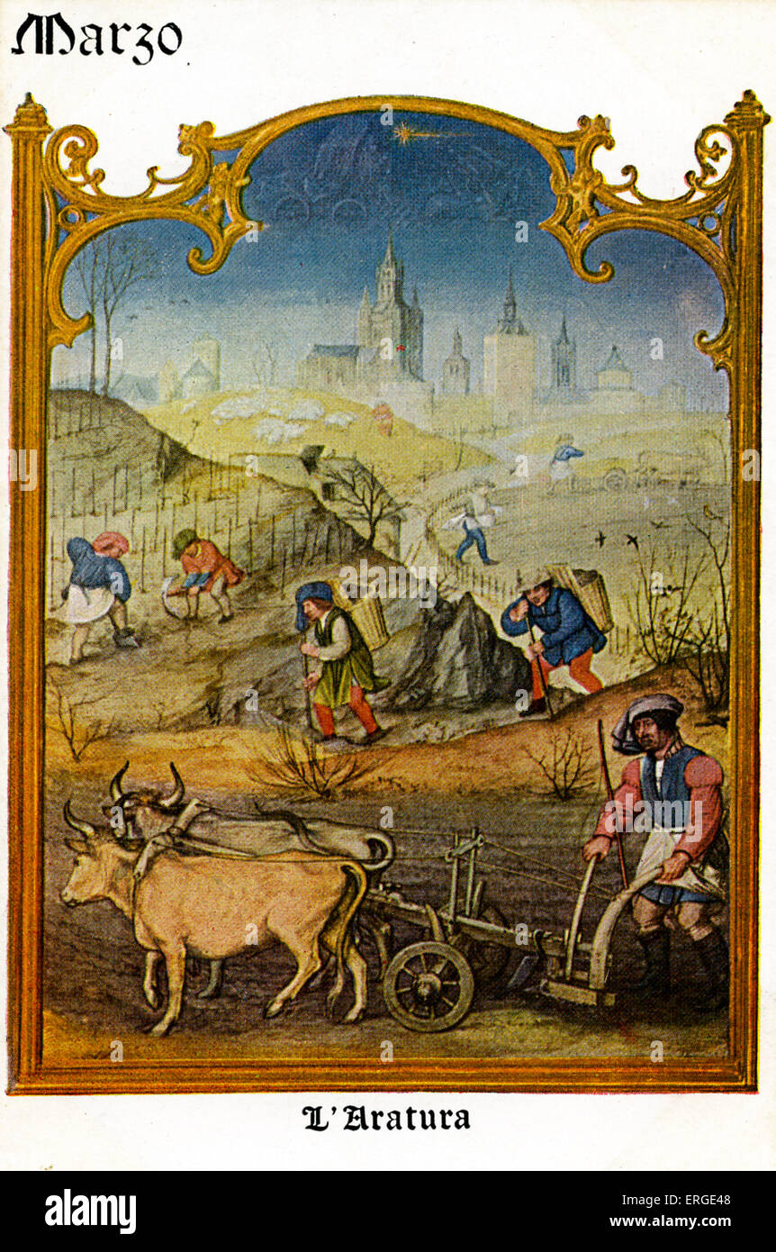 Grimani Breviary (Breivario Grimani) - March (Marzo). Scene entitled L'Aratura (Ploughing). Flemish illuminated manuscript, Stock Photo