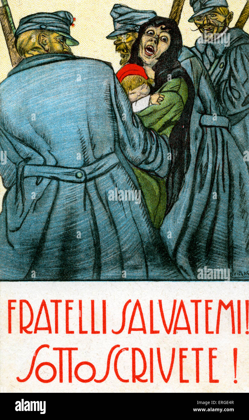 War bonds - Italian World War I postcard.  Caption: Fratelli salvatemi! Sotto Scrivete!' / 'Save me brothers! Buy a war bond! Stock Photo