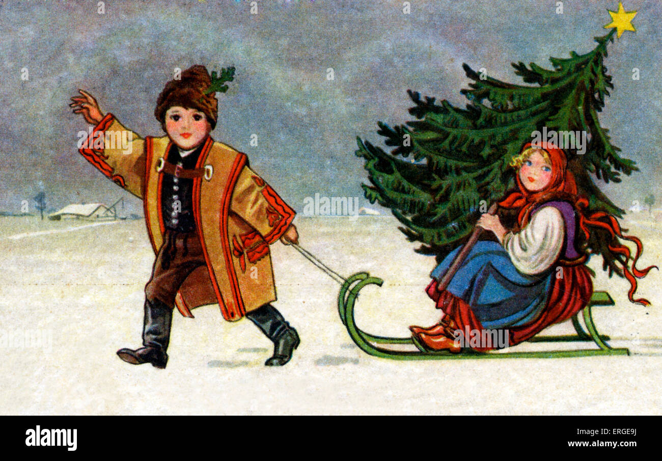 Hungarian Christimas card. Caption: 'Boldog Karácsonyi Ünnepeket'/ 'Merry Christmas'. Children in traditional dress. C. 1918 Stock Photo