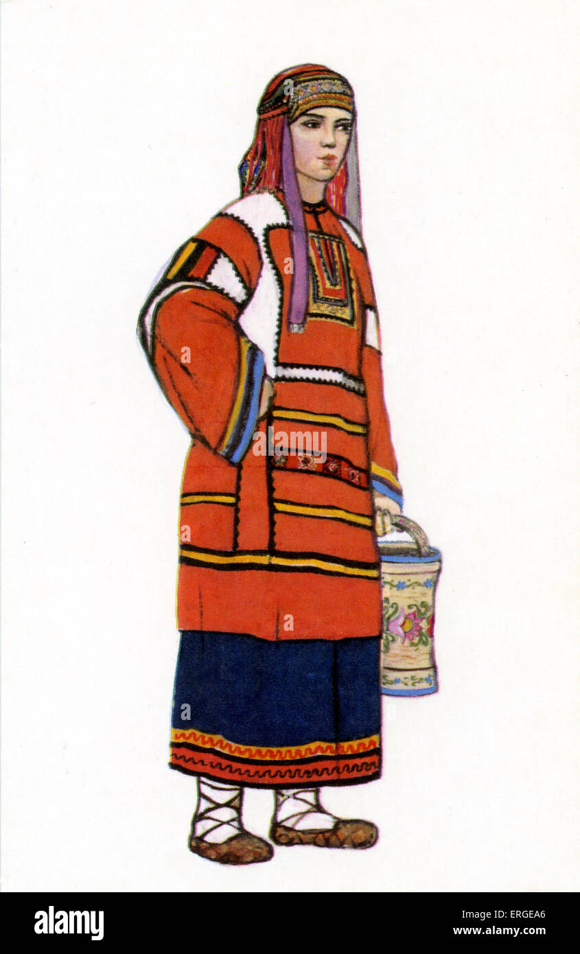 Russian traditional dress - illustration by N. Vinogradova.    Woman in dress of Tambov Province (Tambov Oblast). Stock Photo