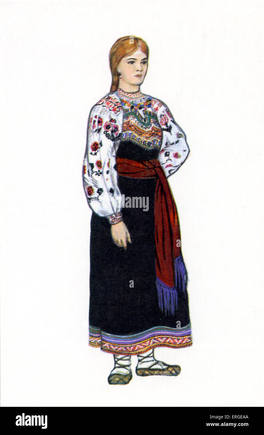 Russian traditional dress - illustration by N. Vinogradova.  Young girl 's dress from Kursk Province. Stock Photo