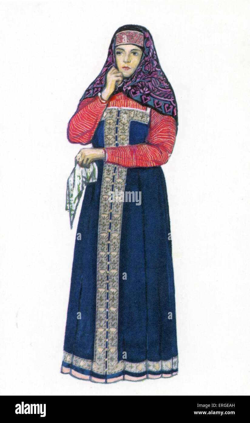 Russian traditional dress - illustration by N. Vinogradova.  Woman in dress of Yaroslavl Province. Stock Photo