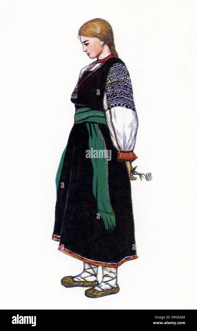 Russian traditional dress - illustration by N. Vinogradova.   Woman in dress of Voronezh province. Stock Photo
