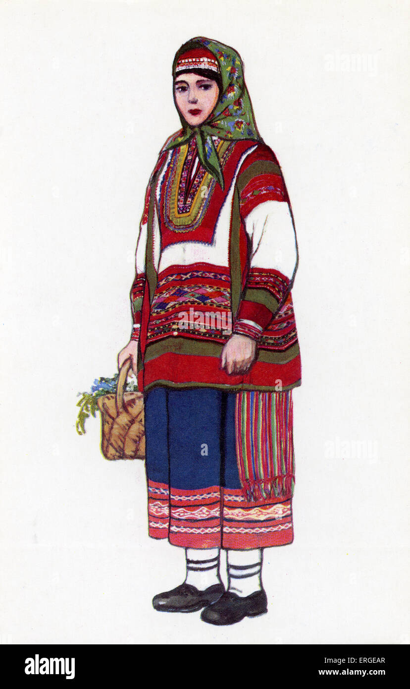 Russian traditional dress - illustration by N. Vinogradova.  Woman in dress of Penza Province. Stock Photo