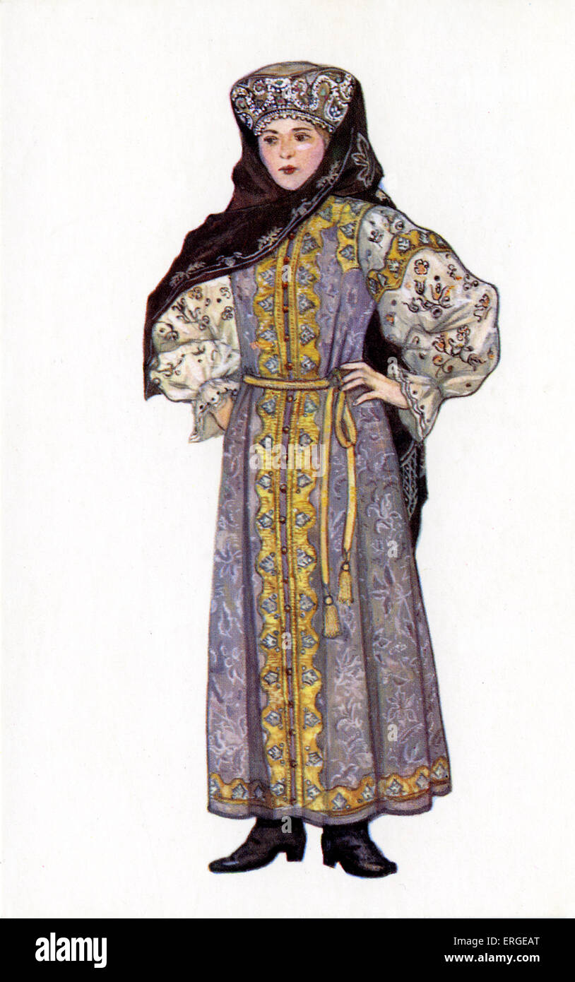 Russian traditional dress - illustration by N. Vinogradova.  Cossack woman of the Urals. Stock Photo