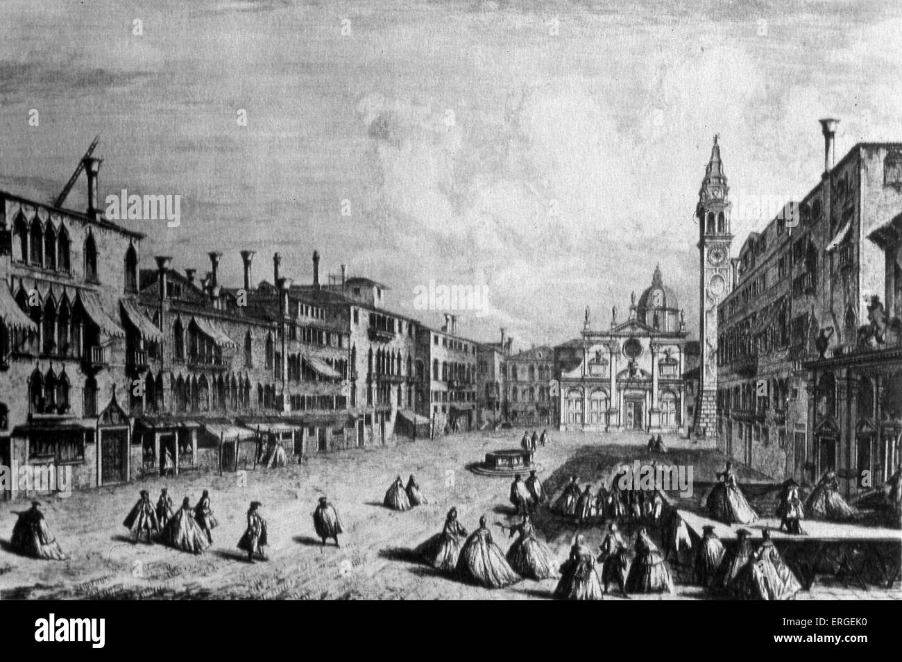 VENICE - PIAZZA SANTA MARIA FORMOSA. 18th century engraving showing people promenading in the square Time of Vivaldi, Albinoni, Stock Photo
