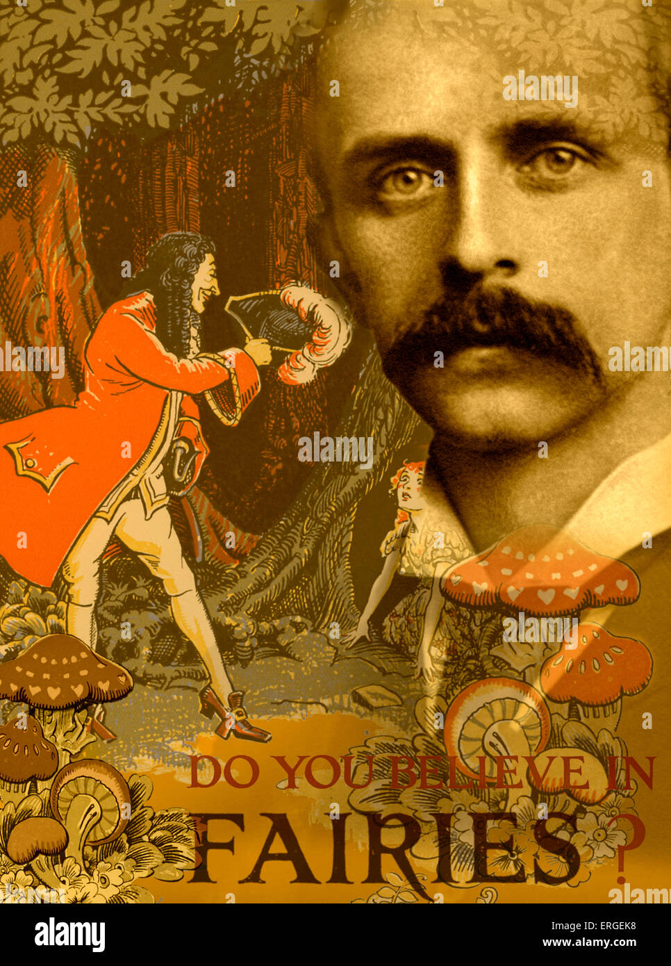 Sir James M Barrie - collage with  portrait of the English playwright, 1860-1937. Caption: 'Do you believe in fairies?'. Stock Photo